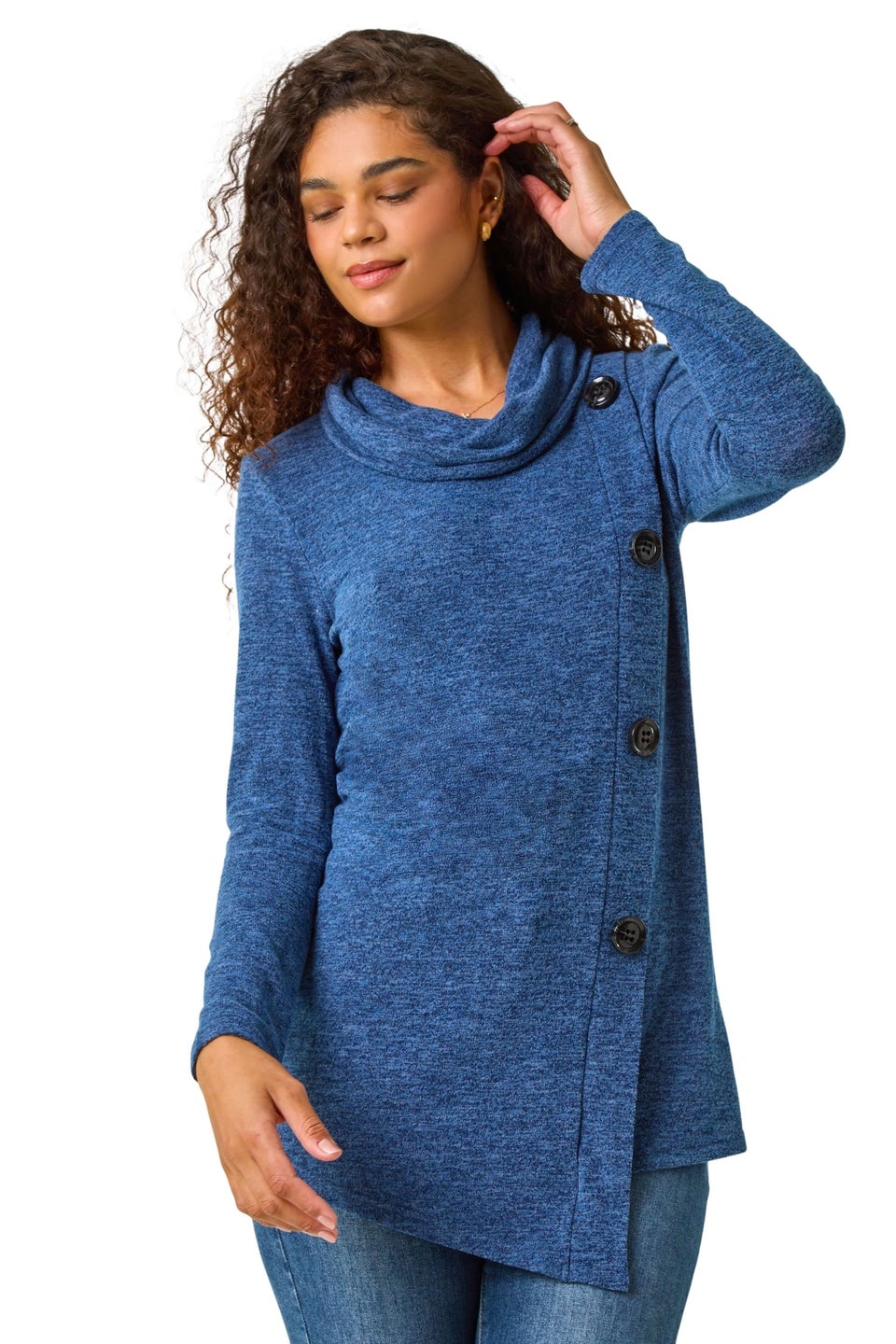 Roman Blue Cowl Neck Button Stretch Top