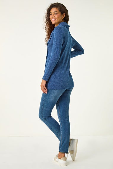 Roman Blue Cowl Neck Button Stretch Top