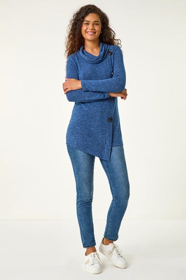 Roman Blue Cowl Neck Button Stretch Top
