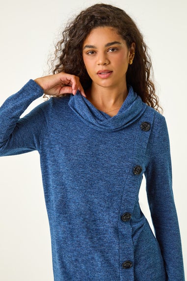 Roman Blue Cowl Neck Button Stretch Top