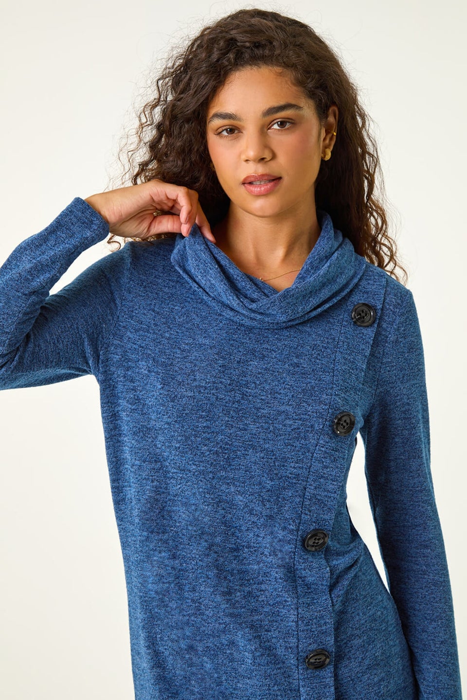 Roman Blue Cowl Neck Button Stretch Top