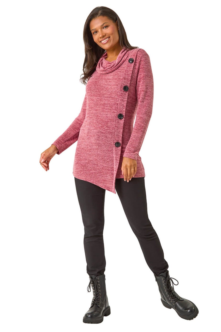 Roman Red  Cowl Neck Button Stretch Top