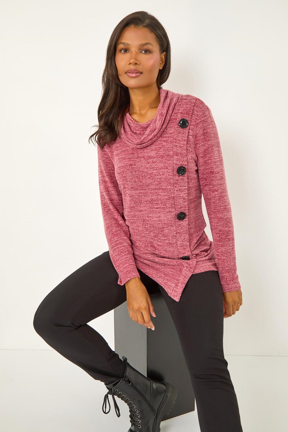 Roman Red  Cowl Neck Button Stretch Top