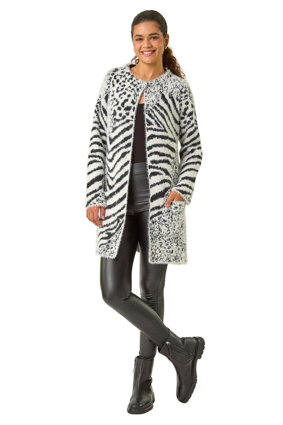 Roman Grey Abstract Animal Print Fluffy Cardigan
