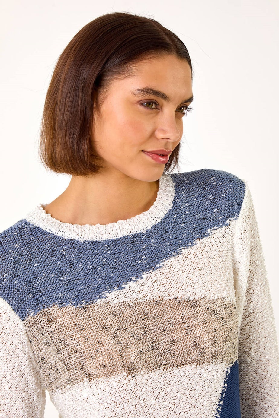 Roman Blue Textured Colour Block Jumper