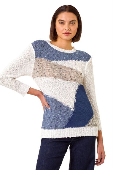Roman Blue Textured Colour Block Jumper