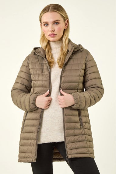 Roman Taupe  Petite Metallic Finish Quilted Puffer Coat