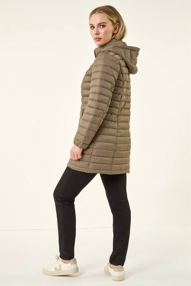 Roman Taupe  Petite Metallic Finish Quilted Puffer Coat