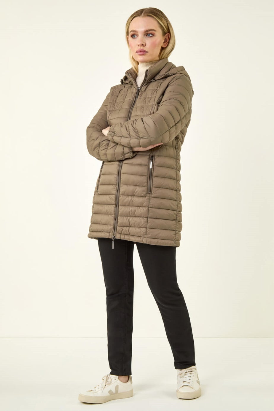 Roman Taupe  Petite Metallic Finish Quilted Puffer Coat