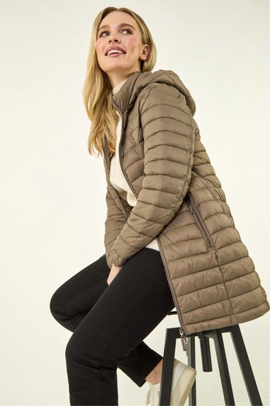 Roman Taupe  Petite Metallic Finish Quilted Puffer Coat