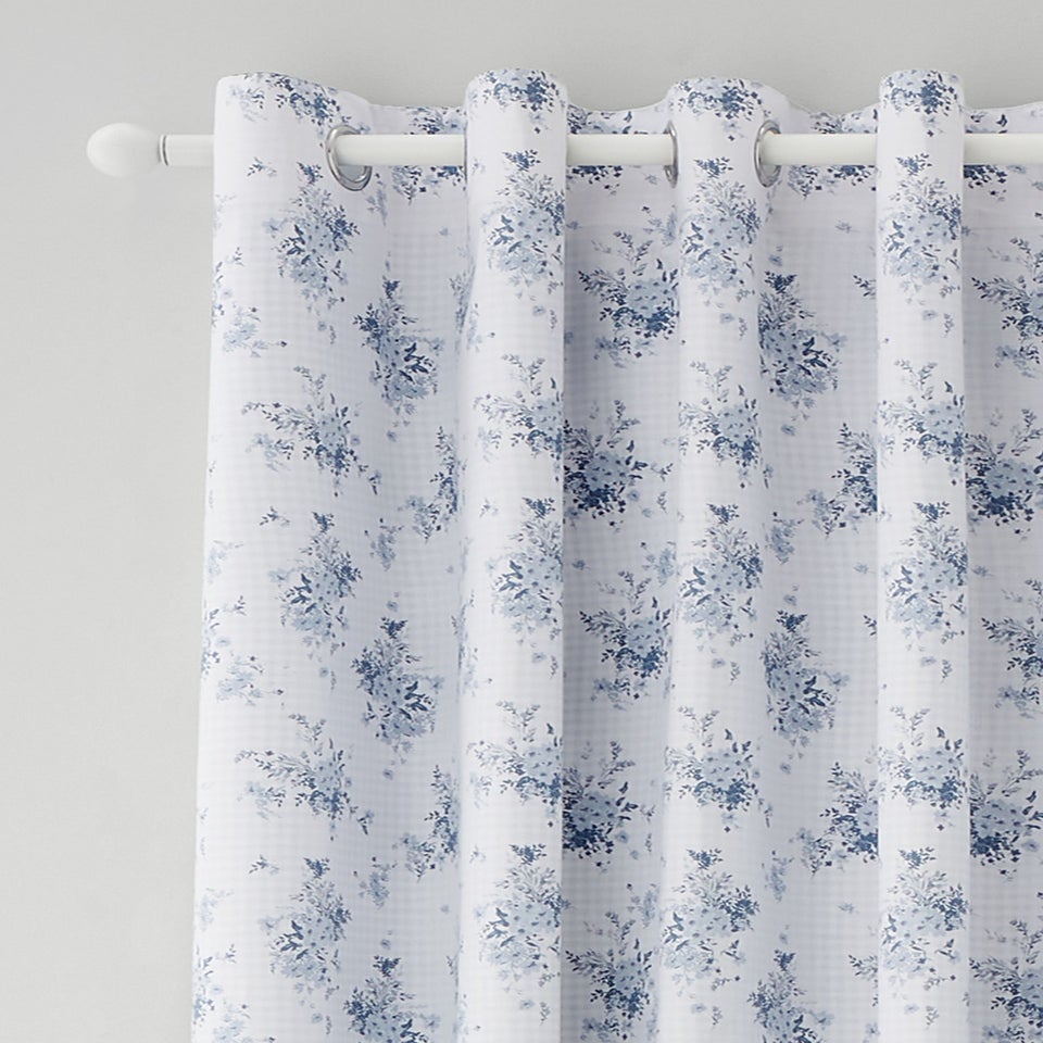 Catherine Lansfield Lucie Floral Frill Fully Reversible Eyelet Curtains Blue