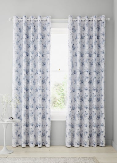 Catherine Lansfield Lucie Floral Frill Fully Reversible Eyelet Curtains Blue