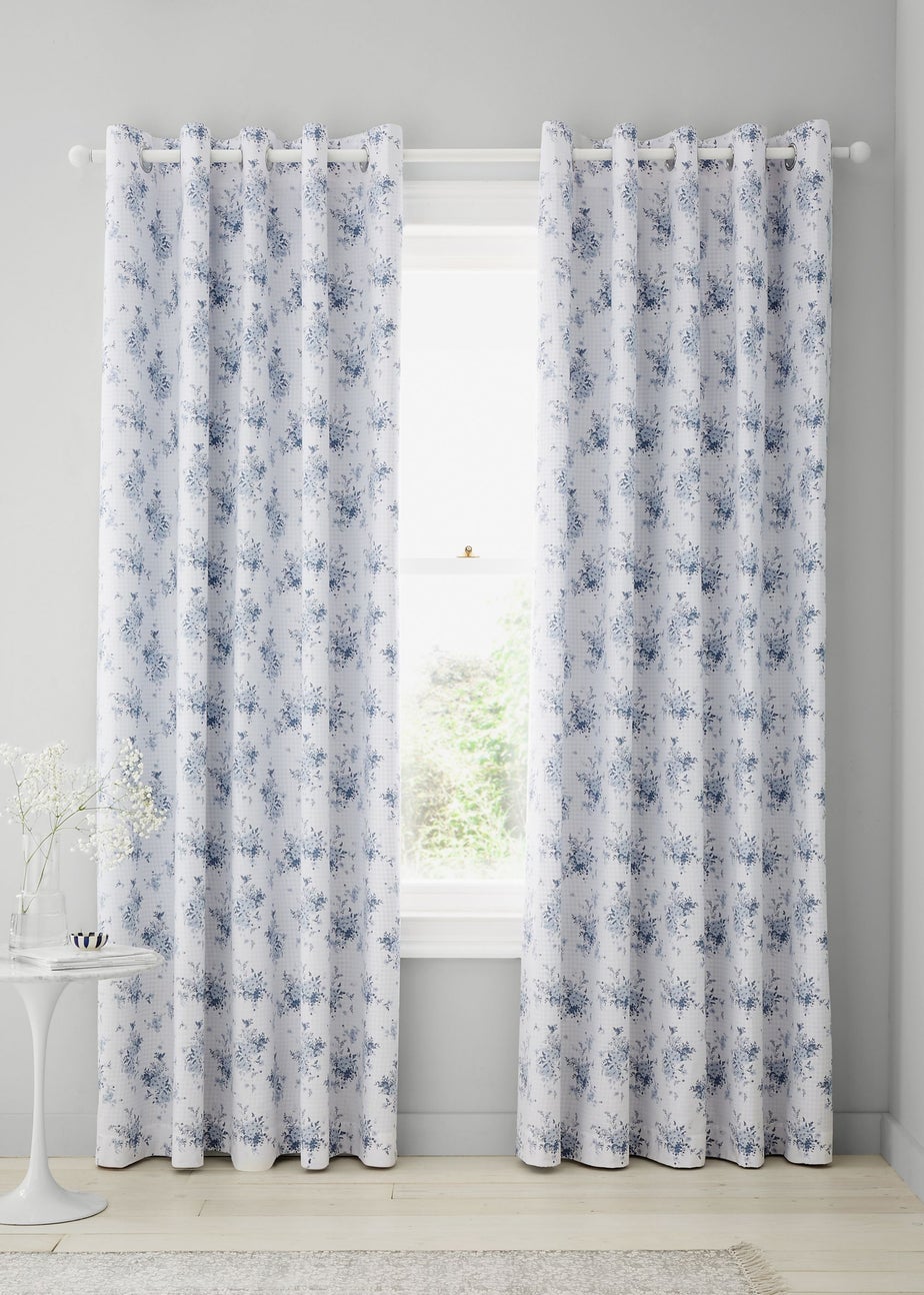 Catherine Lansfield Lucie Floral Frill Fully Reversible Eyelet Curtains Blue