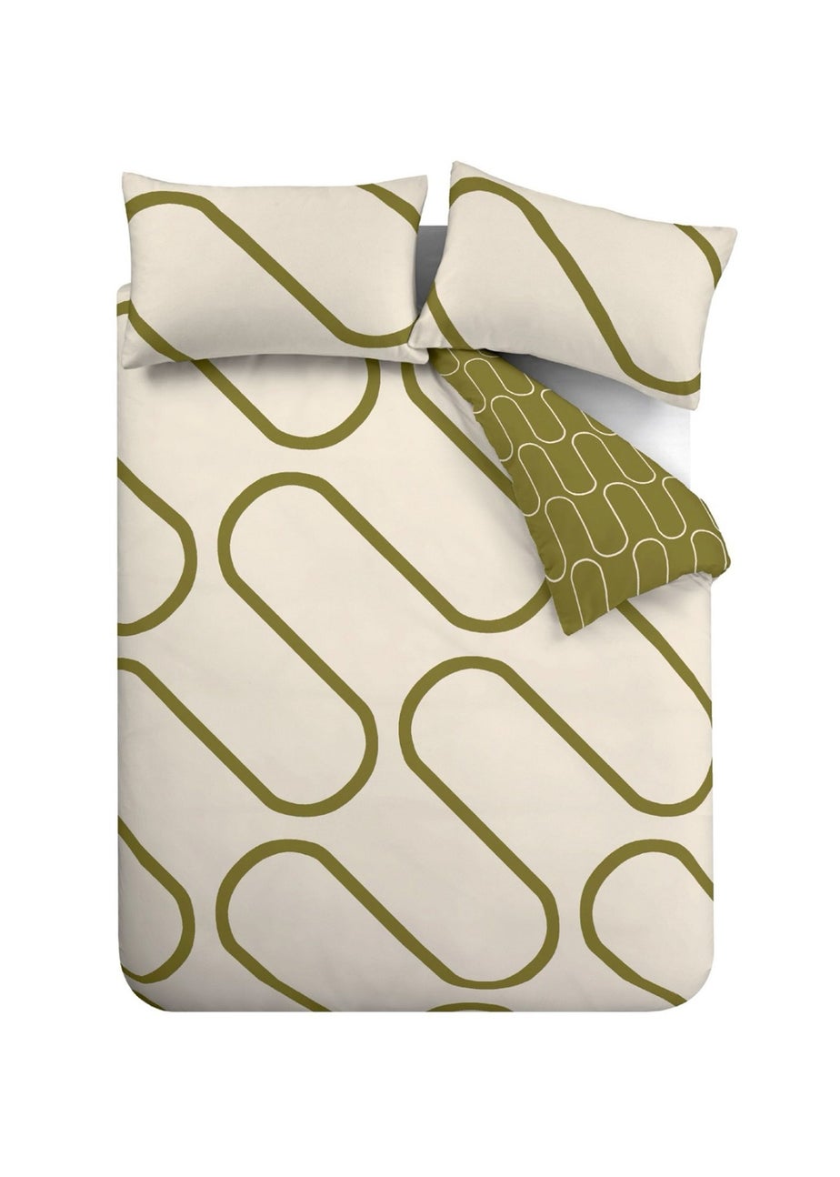 Catherine Lansfield Linear Curve Geometric Reversible Duvet Cover Set Olive Green
