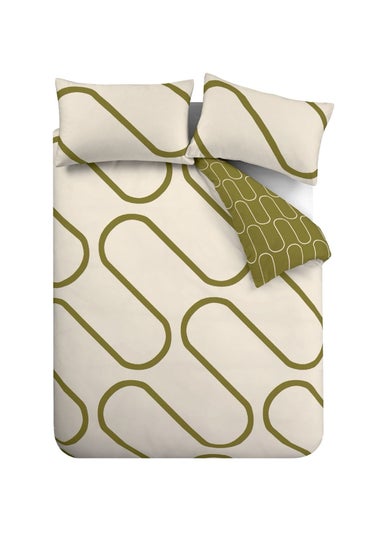Catherine Lansfield Linear Curve Geometric Reversible Duvet Cover Set Olive Green