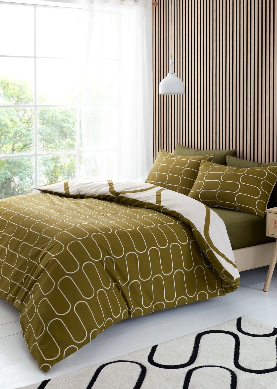 Catherine Lansfield Linear Curve Geometric Reversible Duvet Cover Set Olive Green