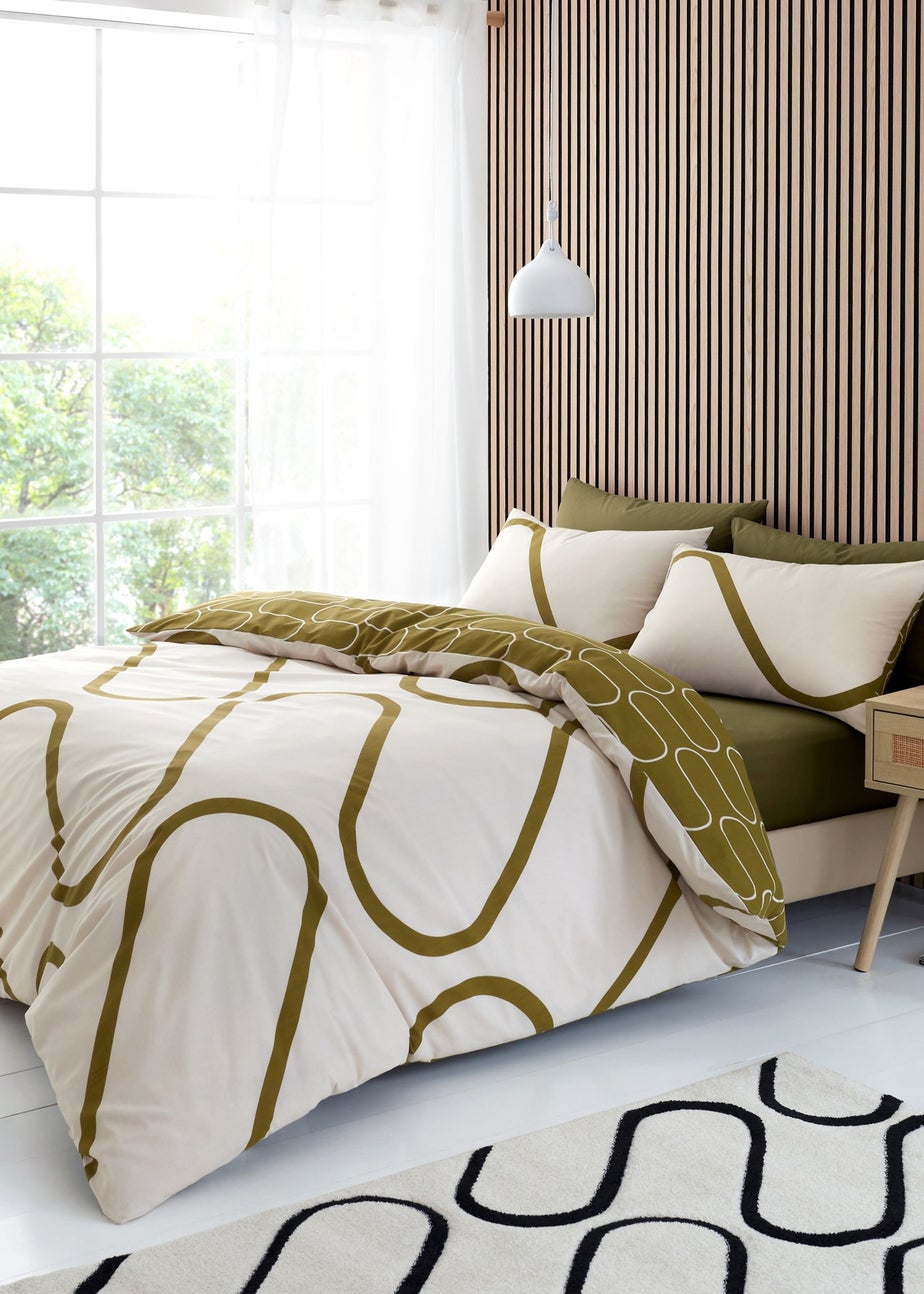 Catherine Lansfield Linear Curve Geometric Reversible Duvet Cover Set Olive Green