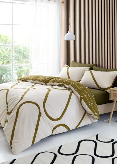 Catherine Lansfield Linear Curve Geometric Reversible Duvet Cover Set Olive Green