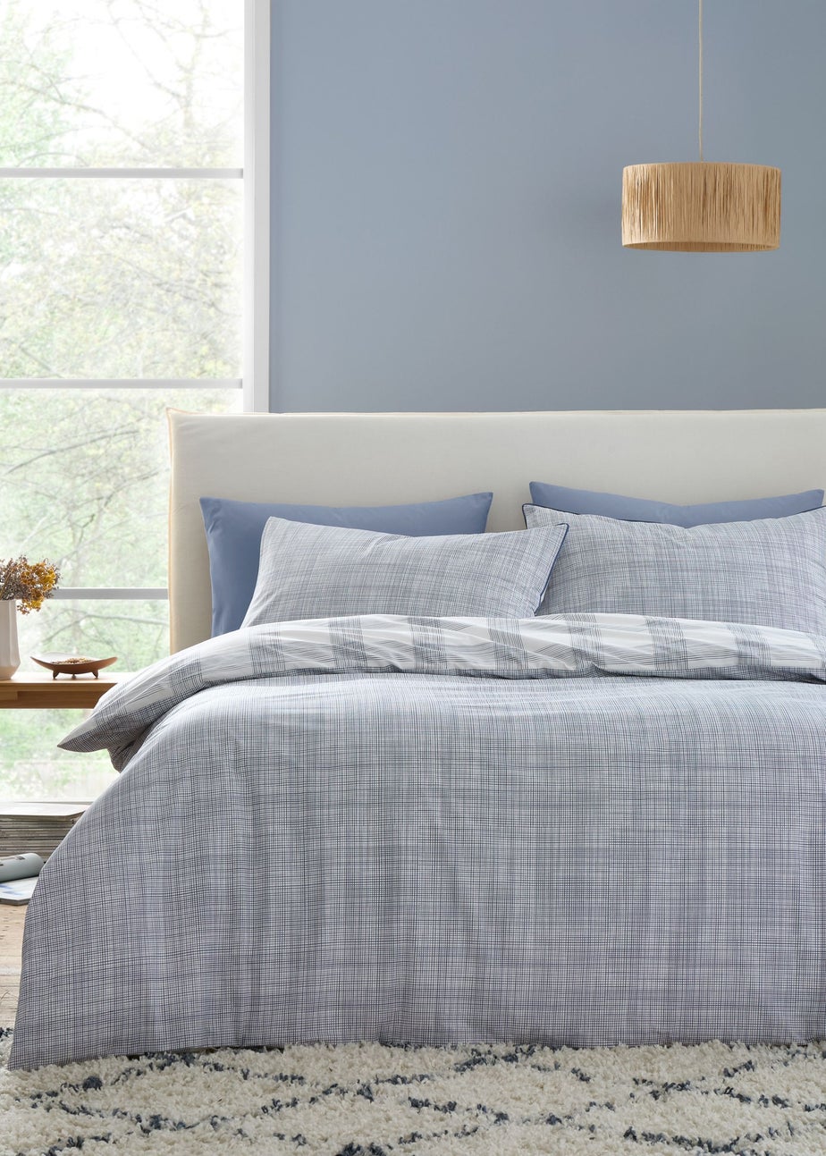 Bianca Fine Linens Marlow Check 200 Thread Count Cotton Percale Reversible Duvet Cover Set Blue