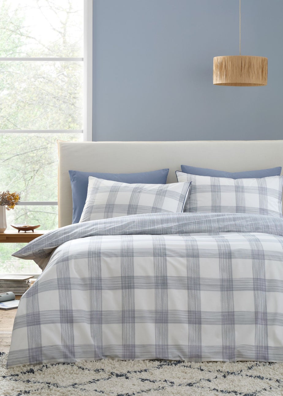 Bianca Fine Linens Marlow Check 200 Thread Count Cotton Percale Reversible Duvet Cover Set Blue