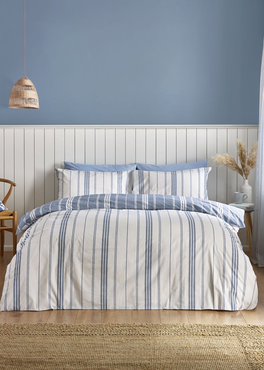 Catherine Lansfield Harbour Stripe Reversible Double Duvet Cover Set Blue