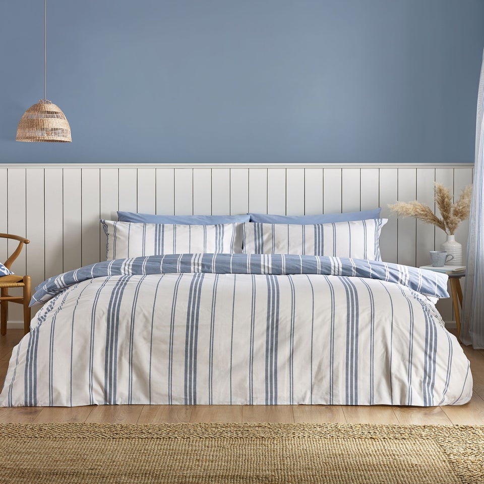 Catherine Lansfield Harbour Stripe Reversible Double Duvet Cover Set Blue