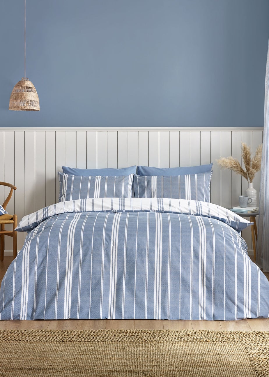 Catherine Lansfield Harbour Stripe Reversible Double Duvet Cover Set Blue