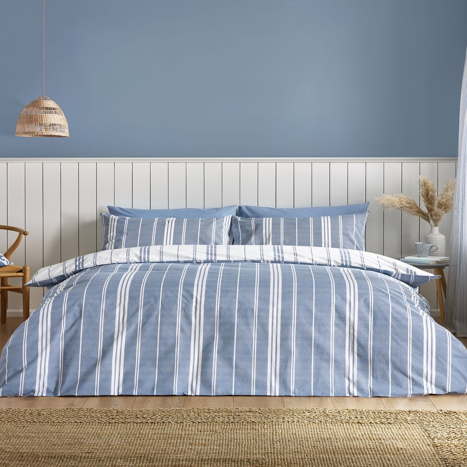 Catherine Lansfield Harbour Stripe Reversible Double Duvet Cover Set Blue