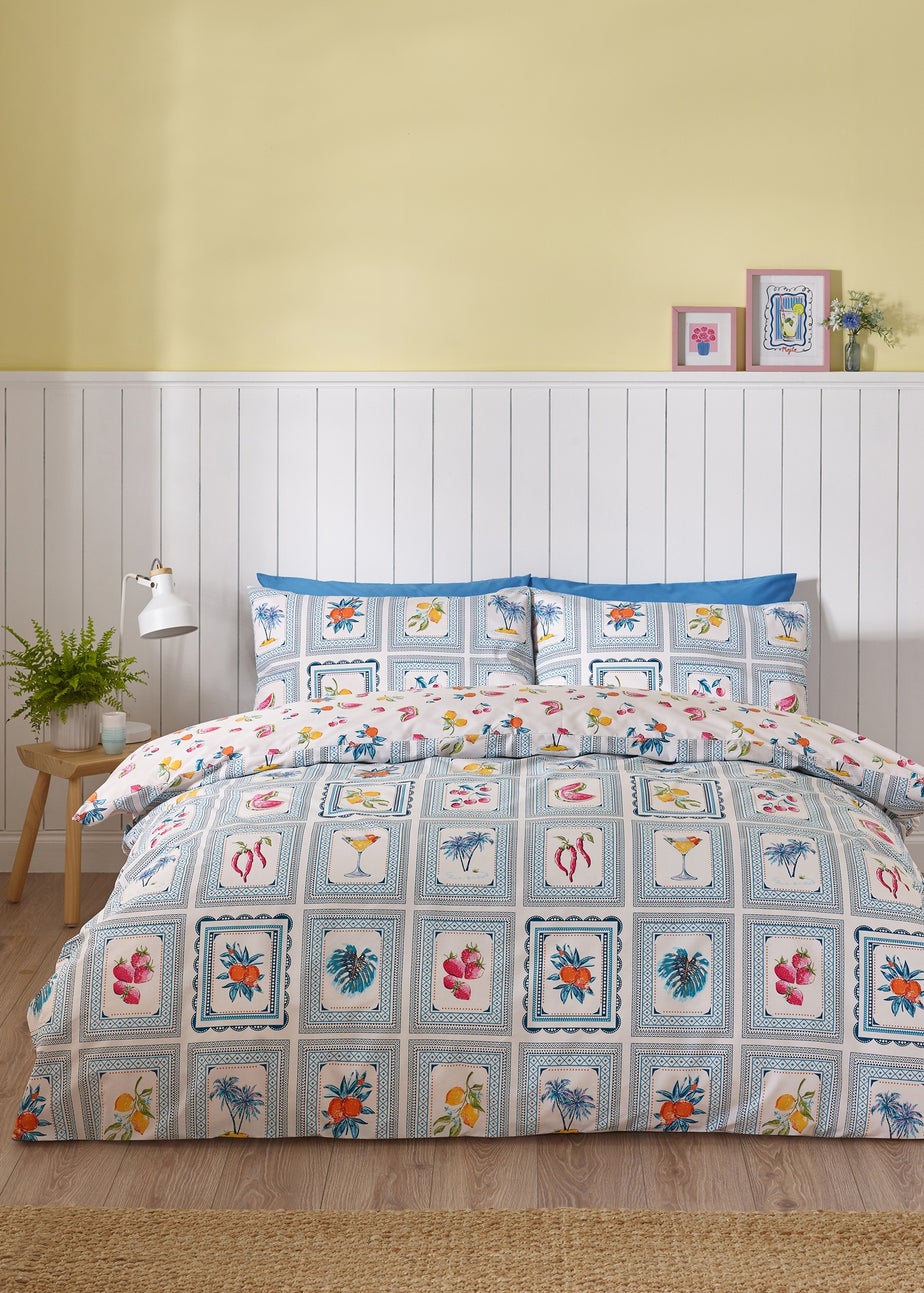 Catherine Lansfield Riviera Tiles Reversible Double Duvet Cover Set Blue