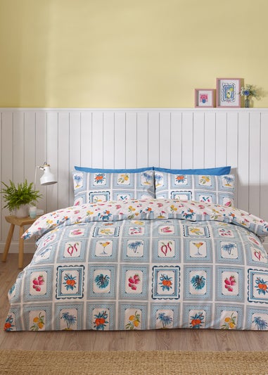 Catherine Lansfield Riviera Tiles Reversible Double Duvet Cover Set Blue