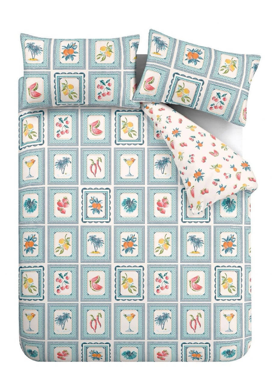 Catherine Lansfield Riviera Tiles Reversible Double Duvet Cover Set Blue