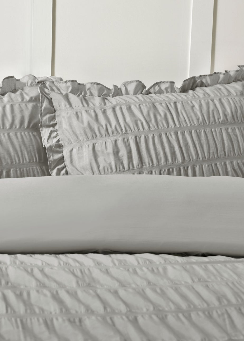 Catherine Lansfield Seersucker Frill Duvet Cover Set Silver Grey