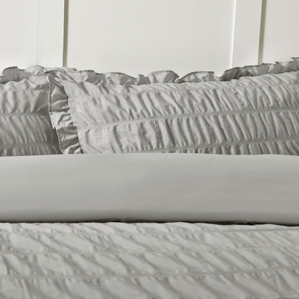 Catherine Lansfield Seersucker Frill Duvet Cover Set Silver Grey