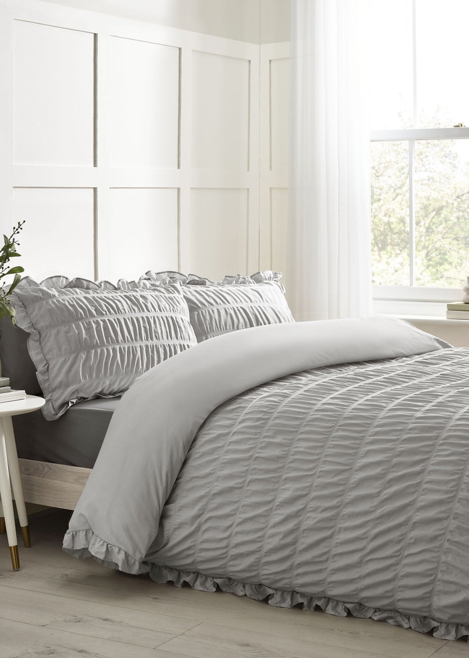 Catherine Lansfield Seersucker Frill Duvet Cover Set Silver Grey