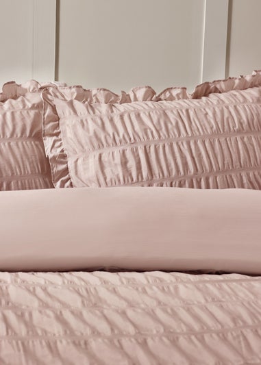 Catherine Lansfield Seersucker Frill Duvet Cover Set Pink