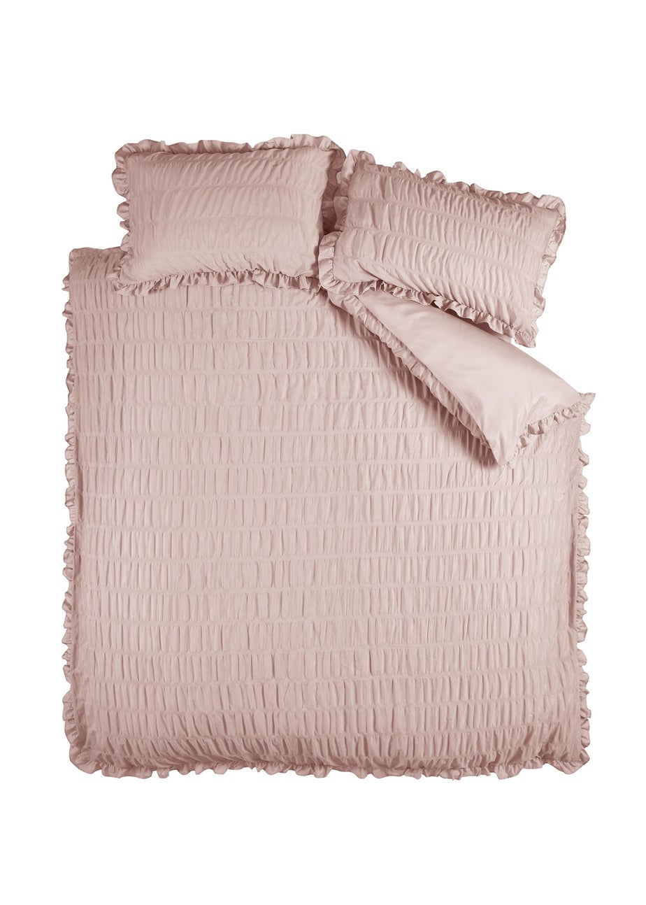 Catherine Lansfield Seersucker Frill Duvet Cover Set Pink