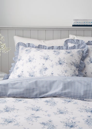 Catherine Lansfield Lucie Floral Frill Reversible King Duvet Cover Set White Blue