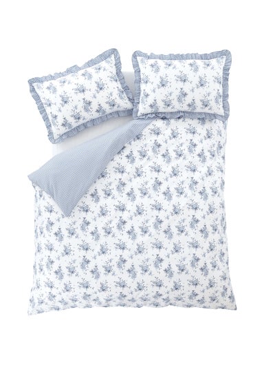 Catherine Lansfield Lucie Floral Frill Reversible King Duvet Cover Set White Blue