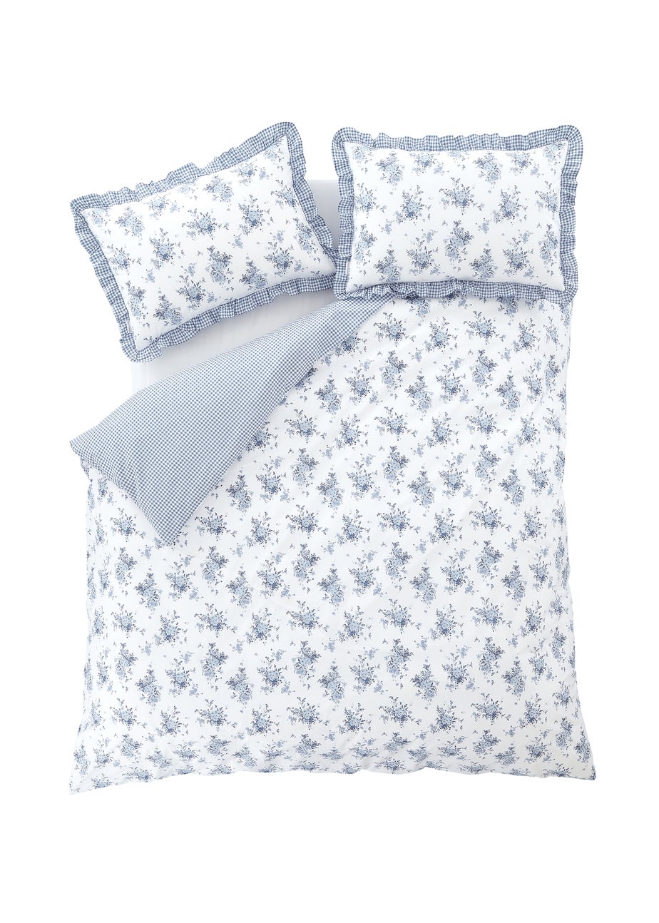 Catherine Lansfield Lucie Floral Frill Reversible King Duvet Cover Set White Blue