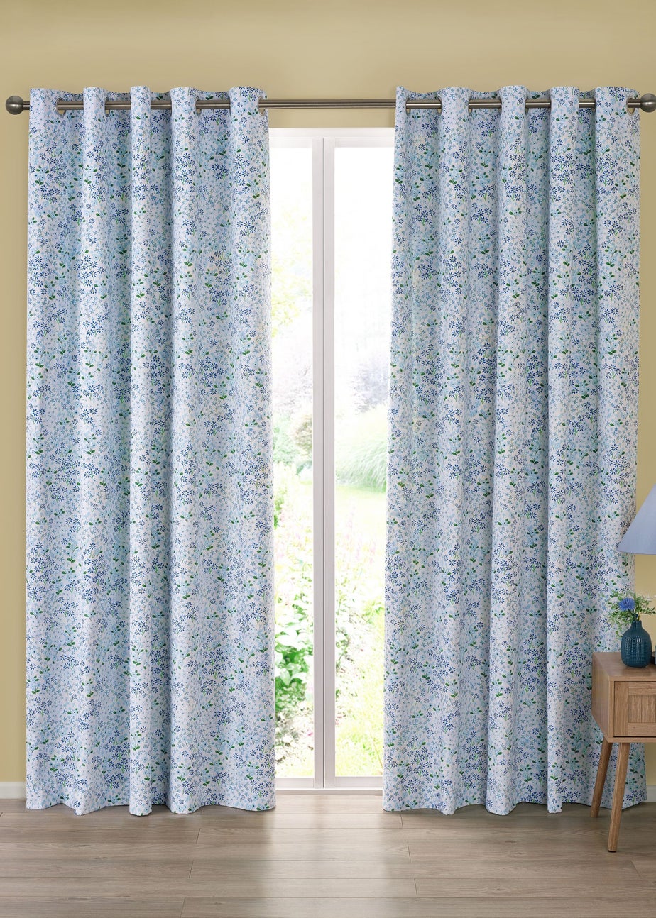 Catherine Lansfield Tilly Floral Fully Reversible Eyelet Curtains Blue