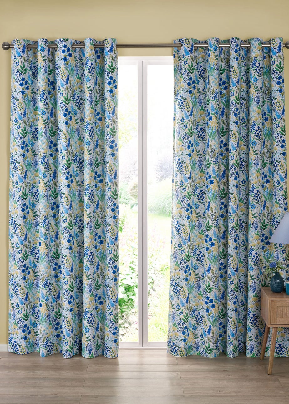 Catherine Lansfield Tilly Floral Fully Reversible Eyelet Curtains Blue