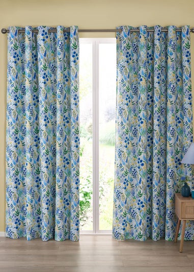 Catherine Lansfield Tilly Floral Fully Reversible Eyelet Curtains Blue