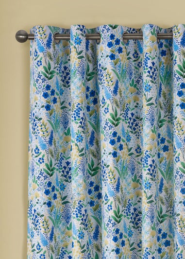 Catherine Lansfield Tilly Floral Fully Reversible Eyelet Curtains Blue