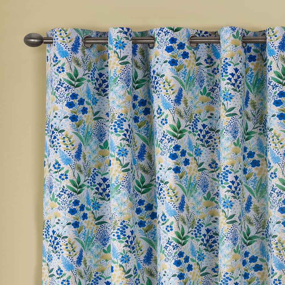 Catherine Lansfield Tilly Floral Fully Reversible Eyelet Curtains Blue
