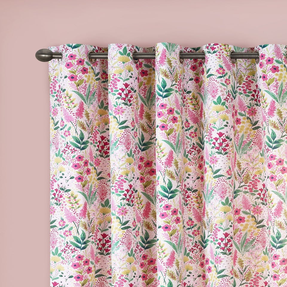 Catherine Lansfield Tilly Floral Fully Reversible Eyelet Curtains Pink