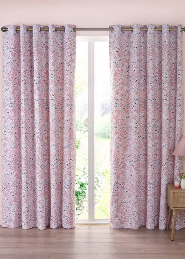 Catherine Lansfield Tilly Floral Fully Reversible Eyelet Curtains Pink