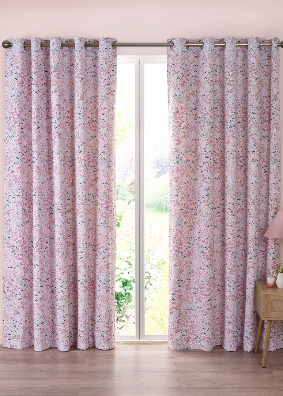 Catherine Lansfield Tilly Floral Fully Reversible Eyelet Curtains Pink