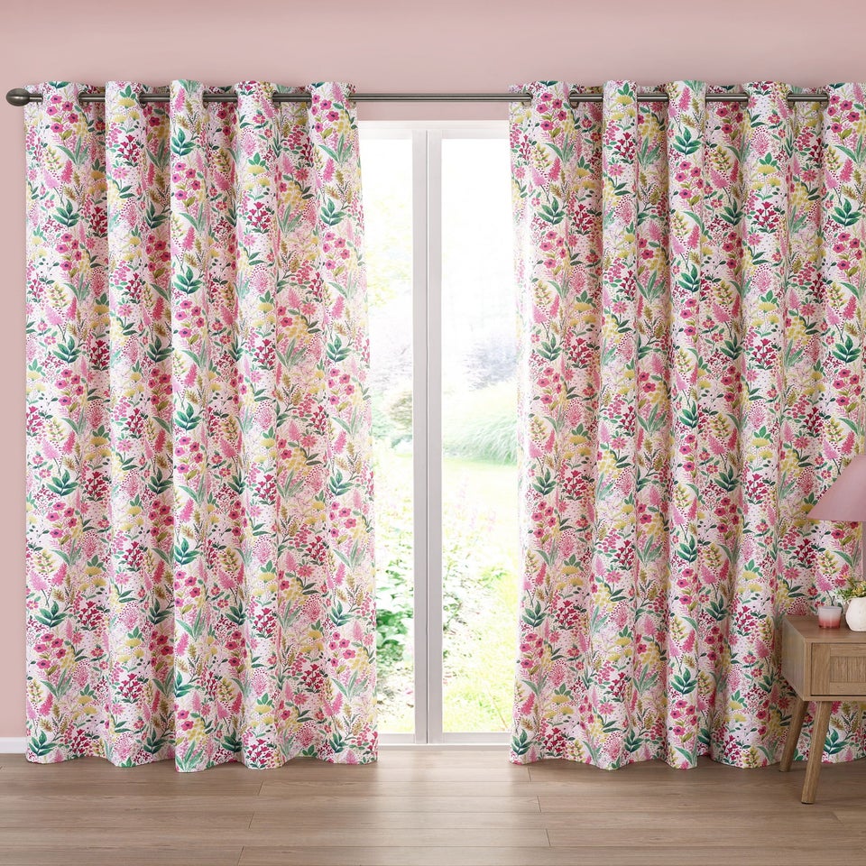 Catherine Lansfield Tilly Floral Fully Reversible Eyelet Curtains Pink