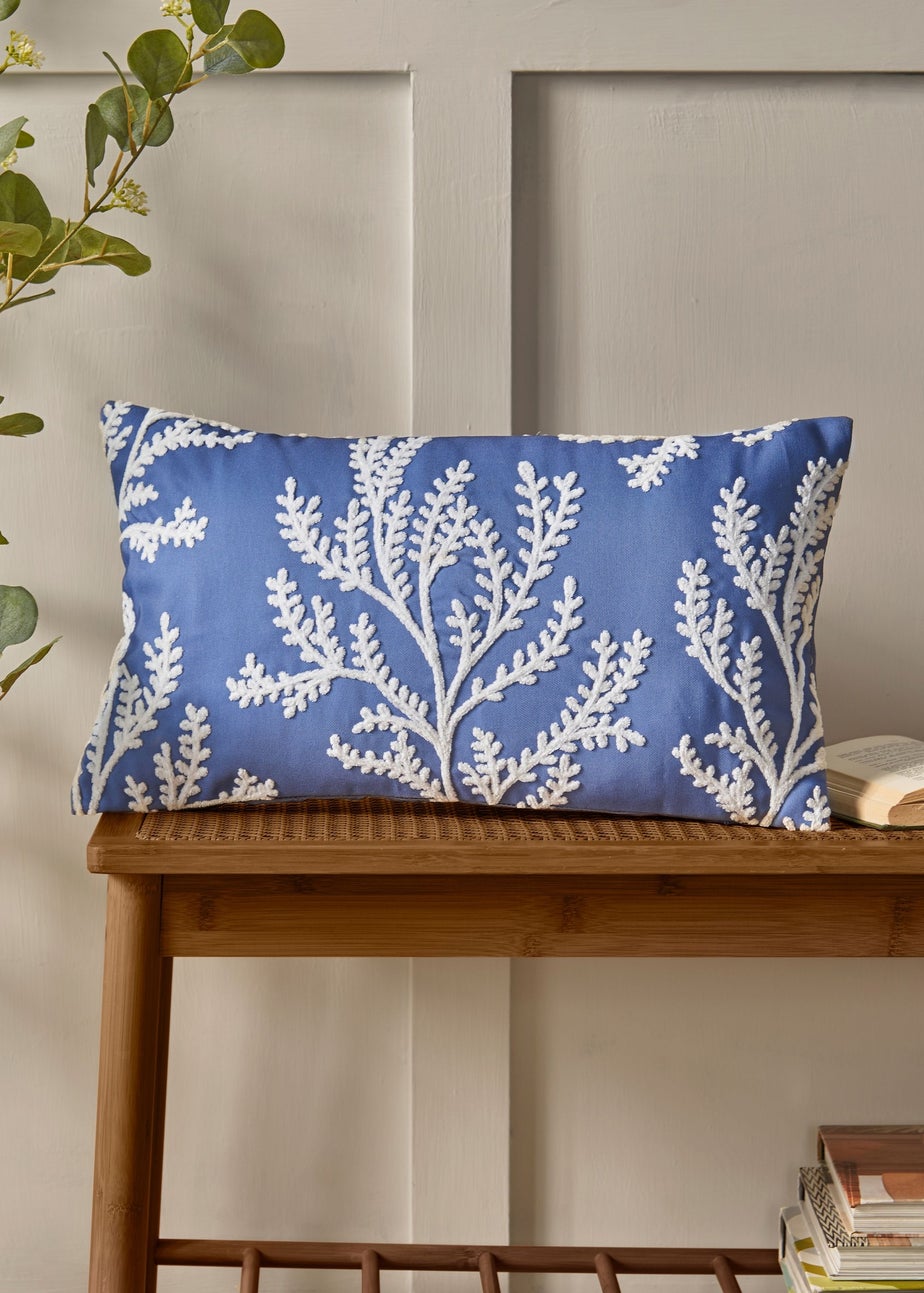 Catherine Lansfield Coral Leaf Embroidered 30x50cm Cushion Blue