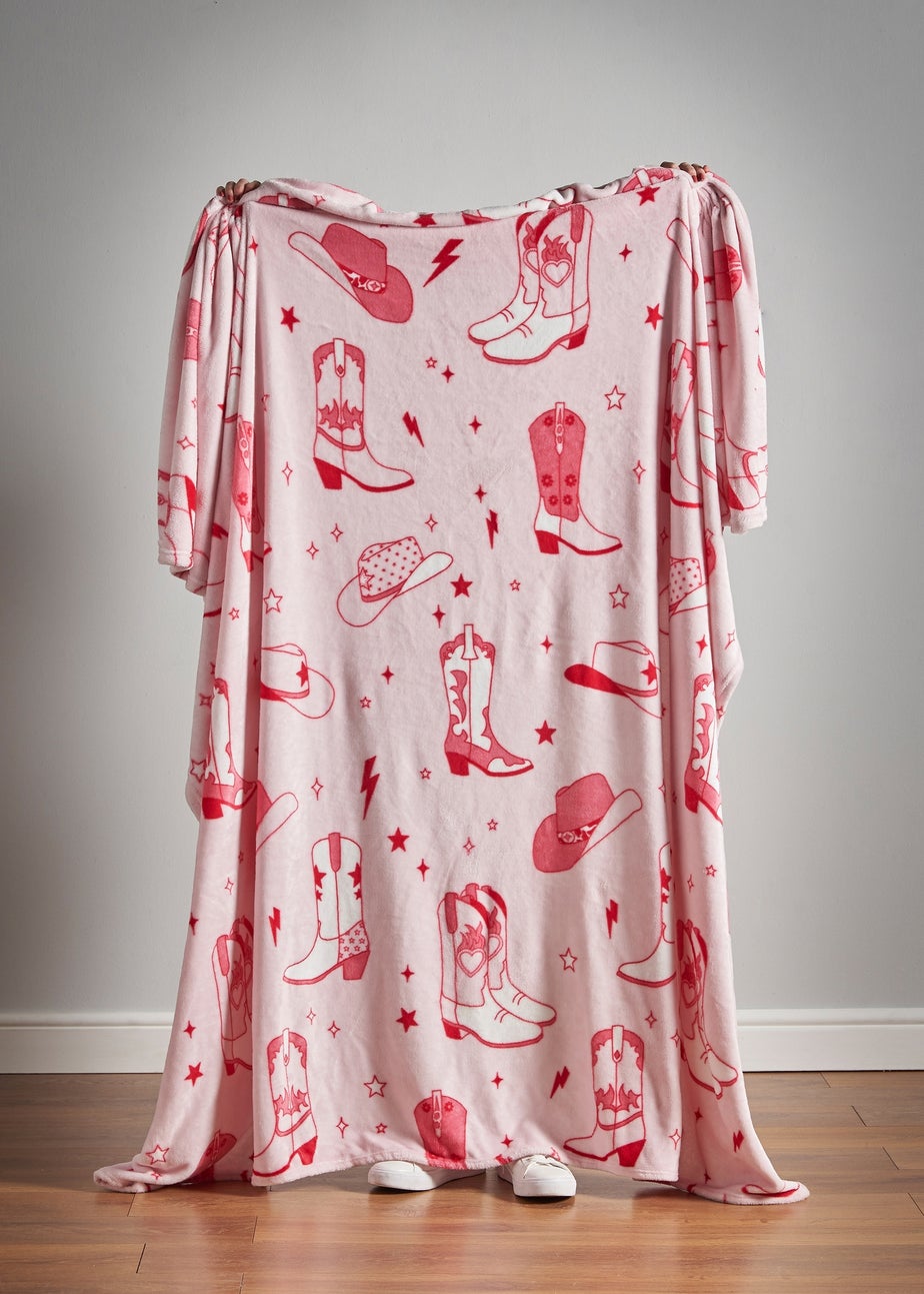 Sassy B Cowgirl Boots Cosy Fleece 200x240cm Oversized Blanket Throw Pink